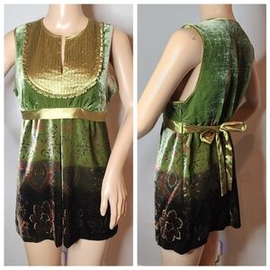 Ecologie Green Velvet Satin Sleeveless Babydoll Waist Tie Shirt Size‎ Small